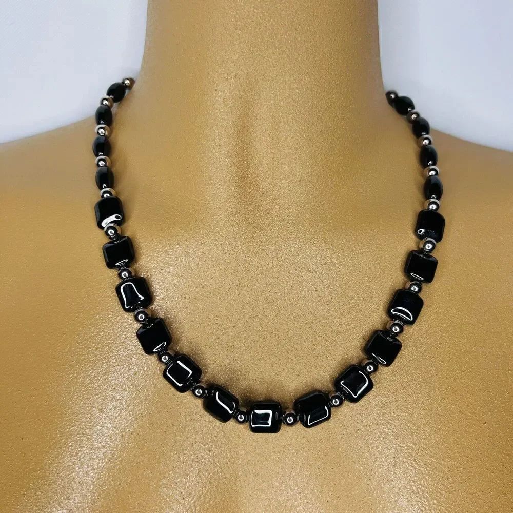 Vintage Hematite Necklace Sterling Silver Black Silver Beaded Gothic 4726